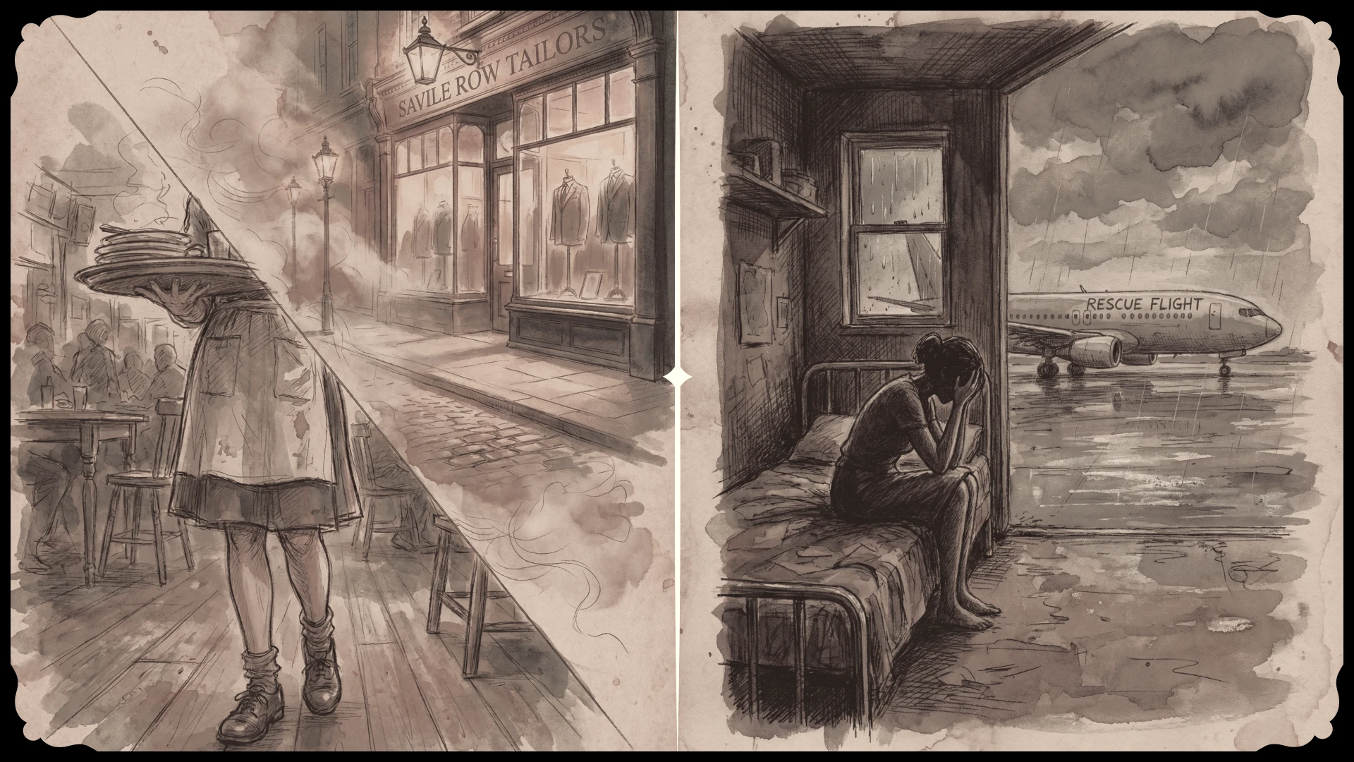 Victorian scenes: a waiter in a bustling cafe and a person in a room beside a rescue flight during rain.