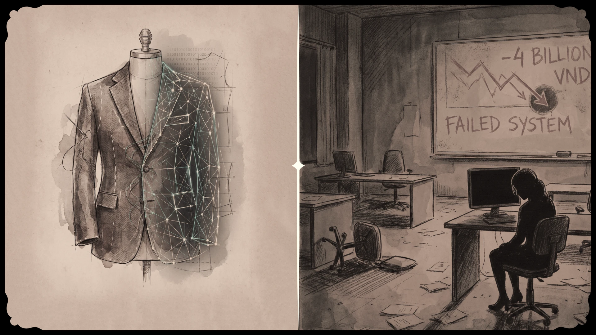Half-suited mannequin, digital lines; office scene with Failed System chart, empty chairs, and silhouette at desk.