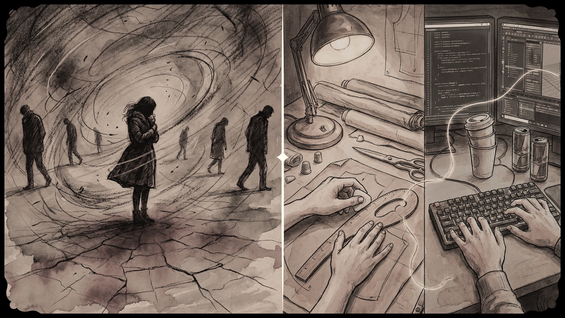 Artistic depiction of loneliness and the duality between creativity and technology in human life.