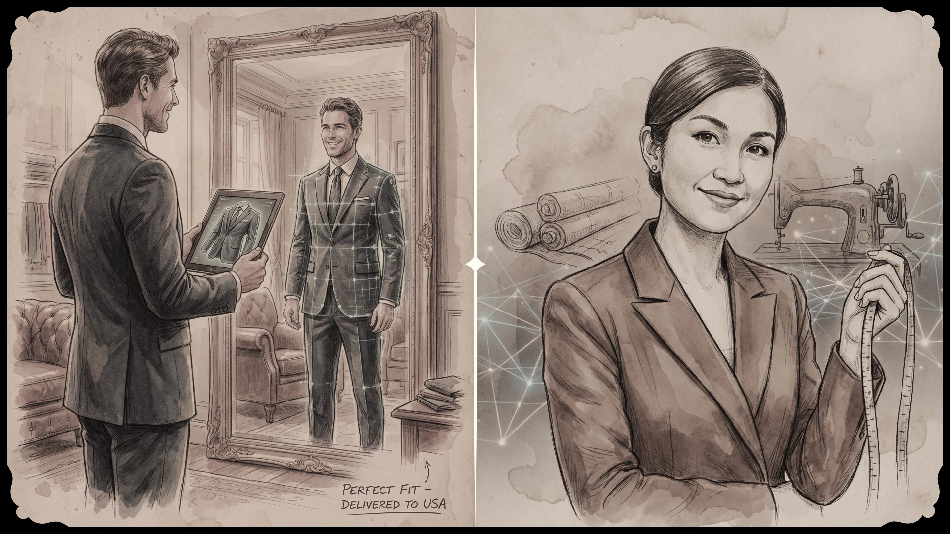 Tailored suit fitting, digital assistance, and skilled tailor with fabric and machine, showcasing bespoke fashion services.