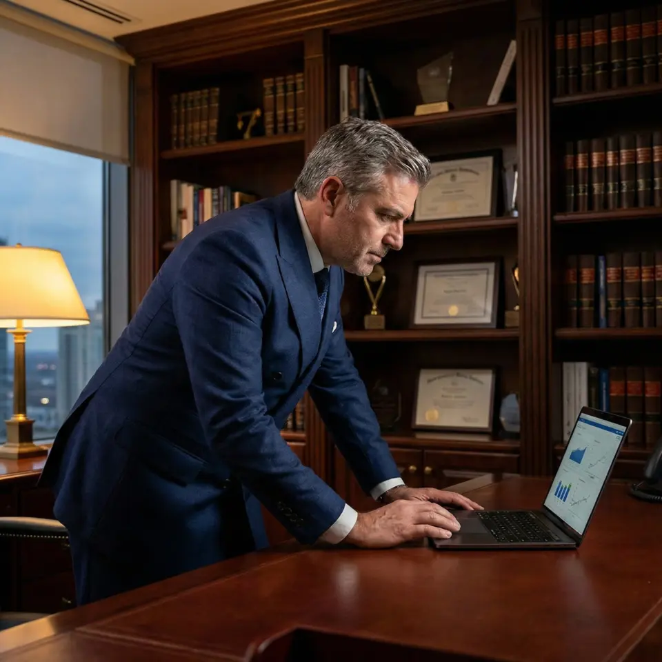 Businessman in a suit analyzing data on a laptop in an elegant office setting with certificates and bookshelves.