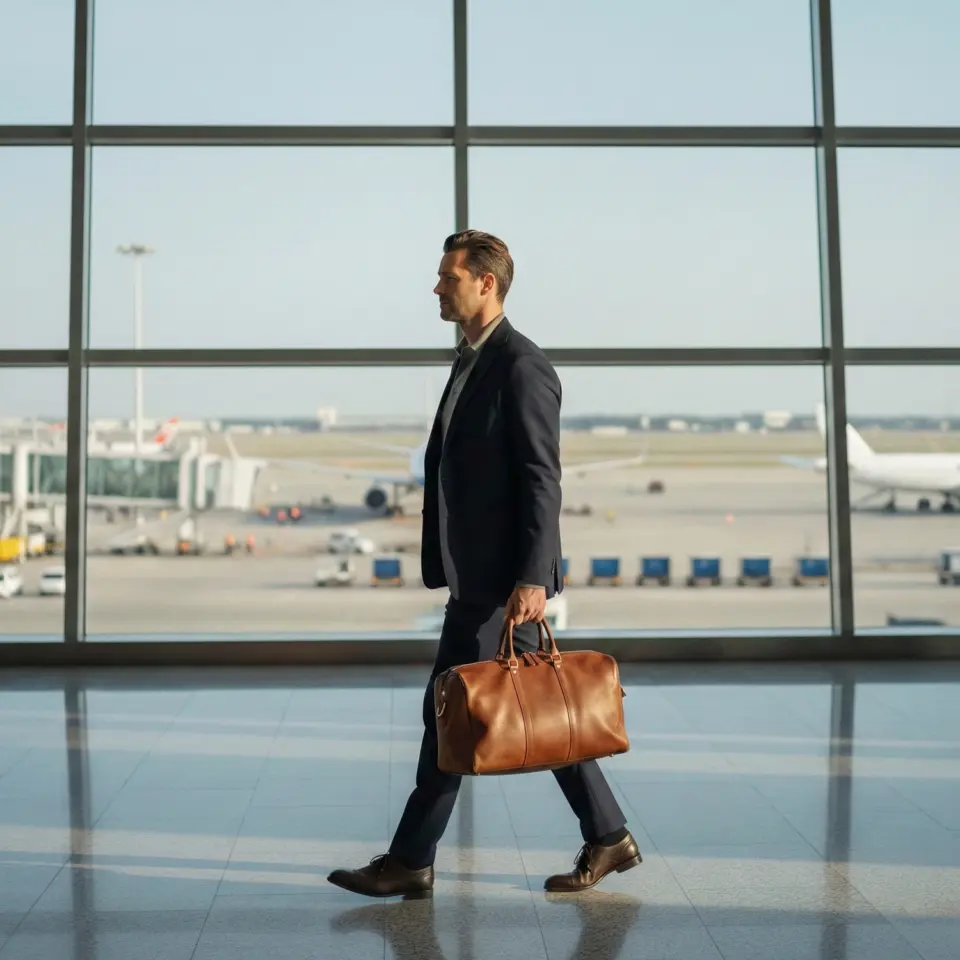 Businessman walking with leather bag in airport terminal, planes visible outside large windows.