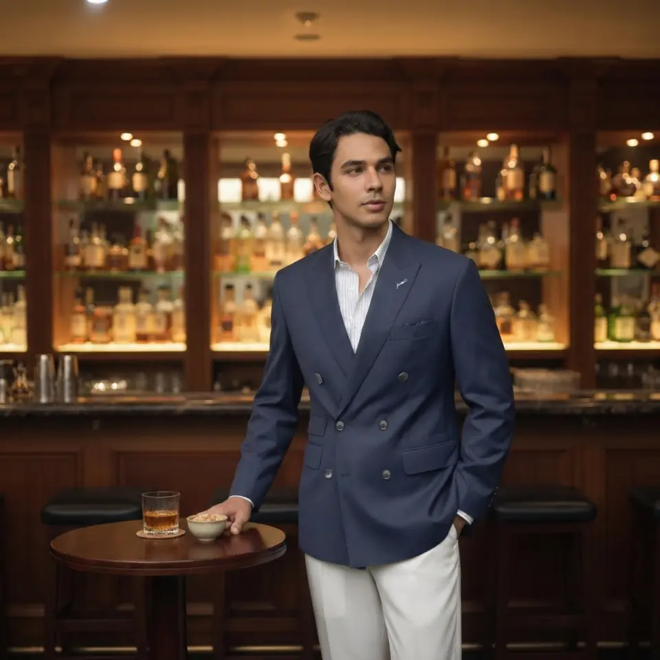 Man in a navy suit and white pants standing in an elegant bar with a drink and snacks on the table.
