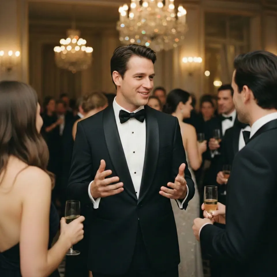 Man in a tuxedo conversing at an elegant party, holding champagne with friends under chandeliers.