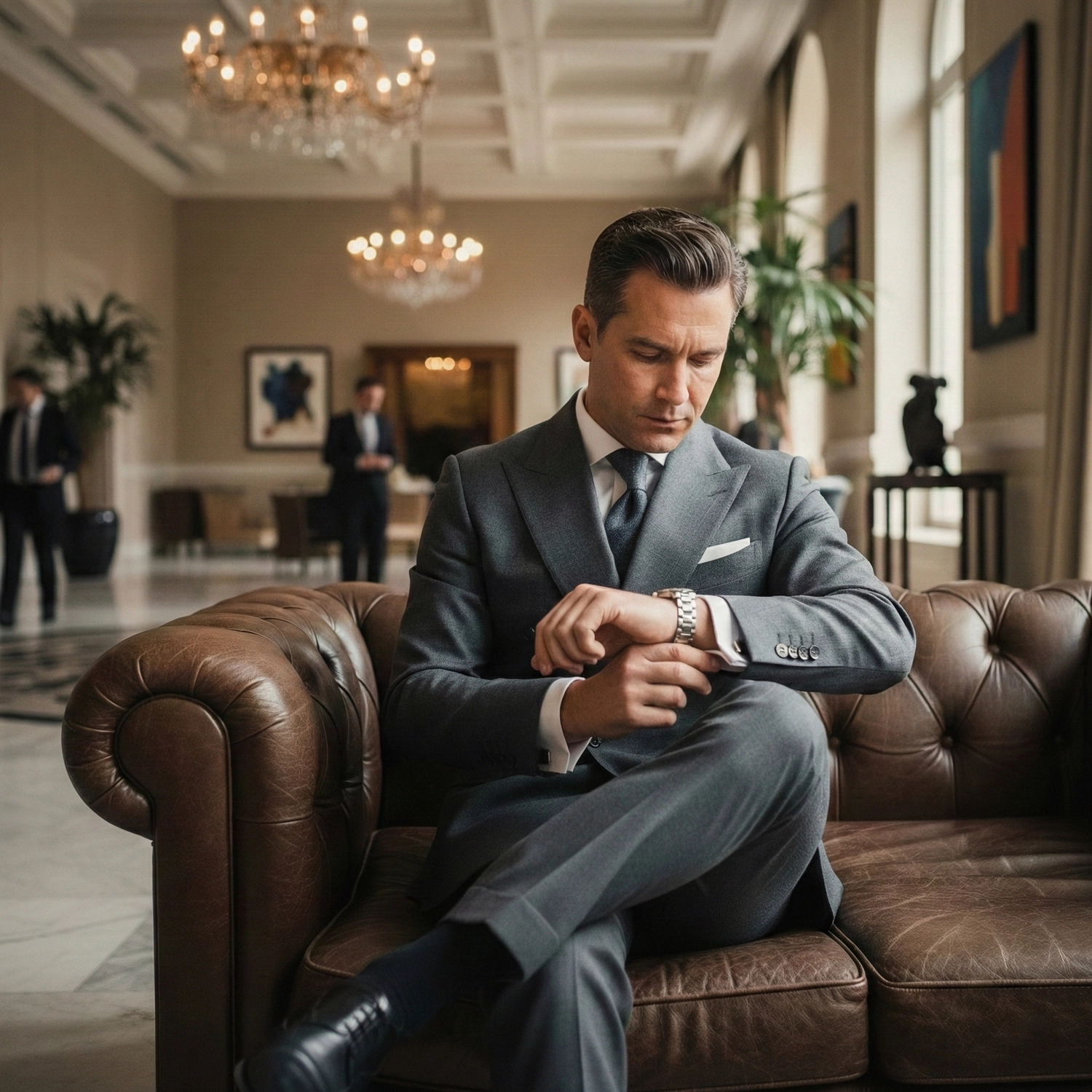 A modern gentleman wearing a perfectly fitted bespoke grey suit and checking his watch, illustrating the principles of this suit styling guide for every occasion.