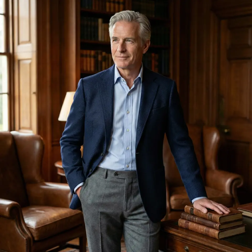 Silver-haired man in a suit stands confidently in a classic library, surrounded by leather chairs and vintage books.