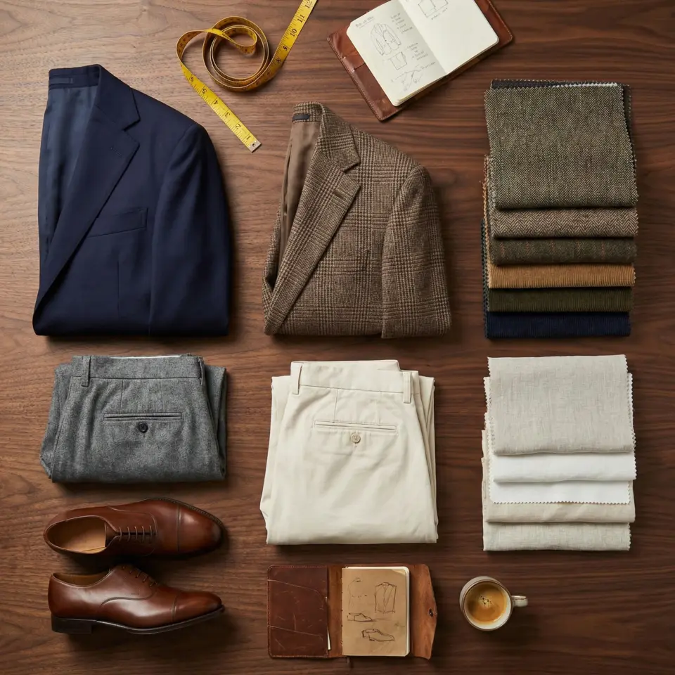 Tailored menswear essentials: suits, trousers, fabrics, leather shoes, measuring tape, coffee, and sketchbook on a table.