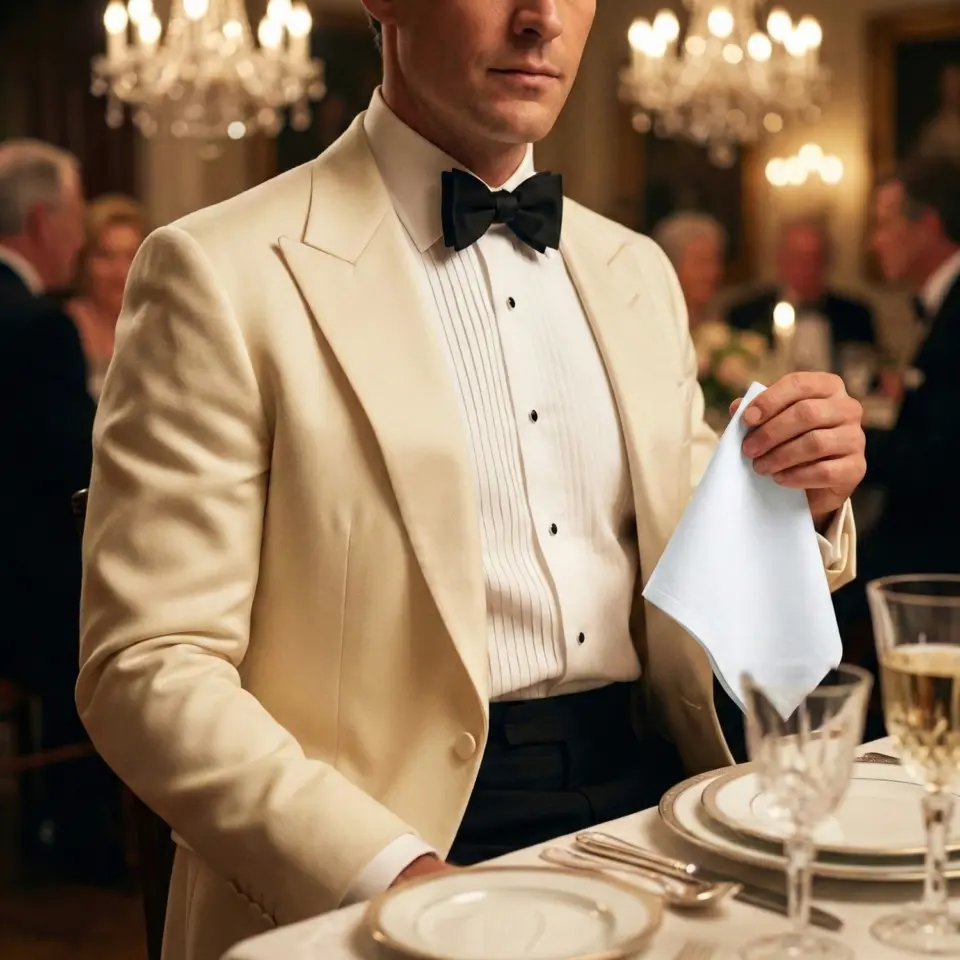 Man in elegant white tuxedo holding napkin at formal dinner table setting.