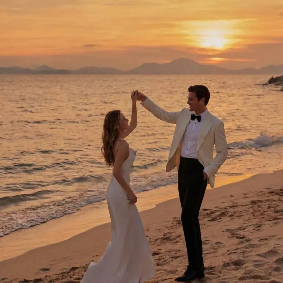 Couple dancing on the beach at sunset, wearing elegant attire, with waves and warm sky as the backdrop.