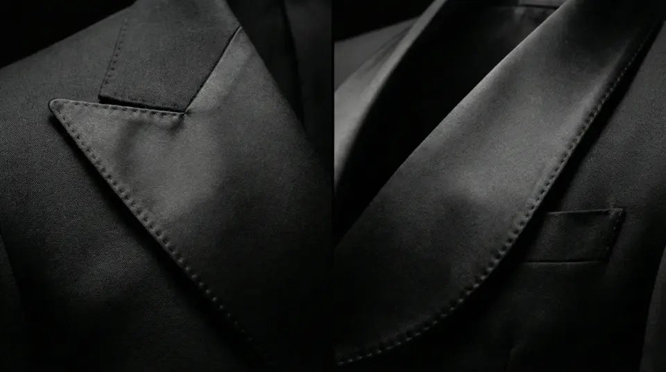 Close-up of black suit jacket lapels, showcasing sharp stitching and fine fabric texture for a sophisticated look.