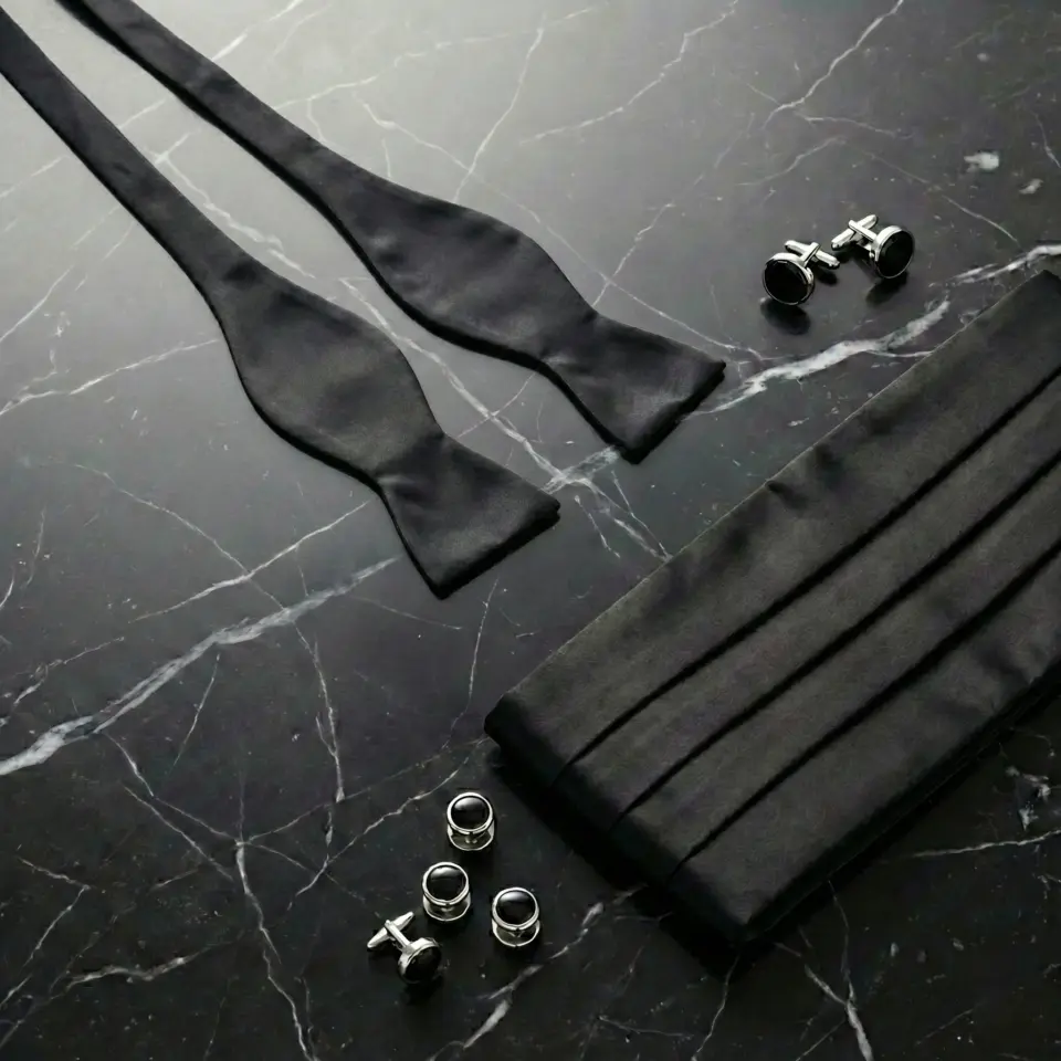 Elegant black bow tie, cummerbund, and cufflinks set on a sleek marble surface. Perfect for formal occasions.