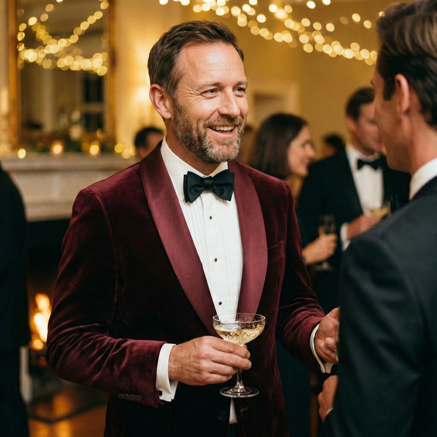 Man in burgundy velvet dinner jacket holding champagne, smiling at elegant party. Twinkling lights adorn the warm, festive setting.