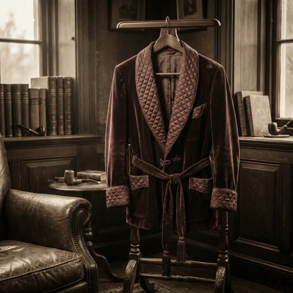 Vintage velvet robe in a classic library setting with leather chair and books.