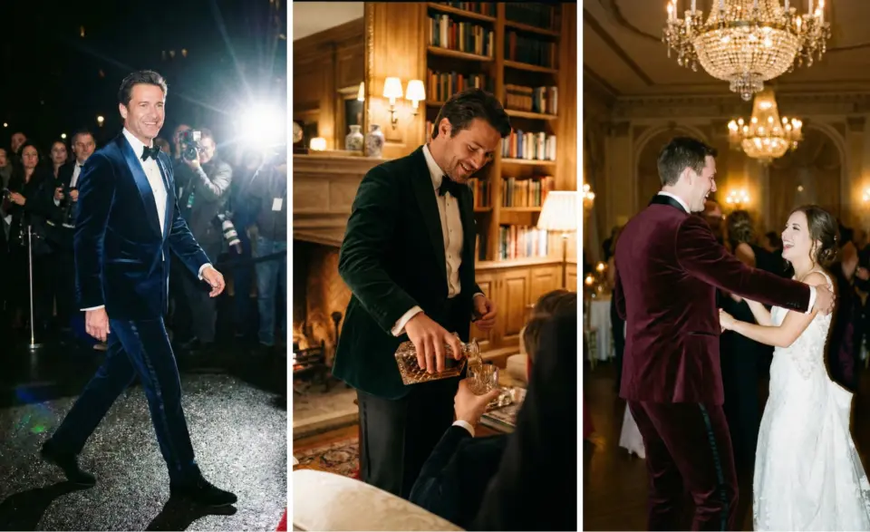 Elegant event with guests in suits and gowns, featuring a red carpet, library scene, and joyful couple dancing.