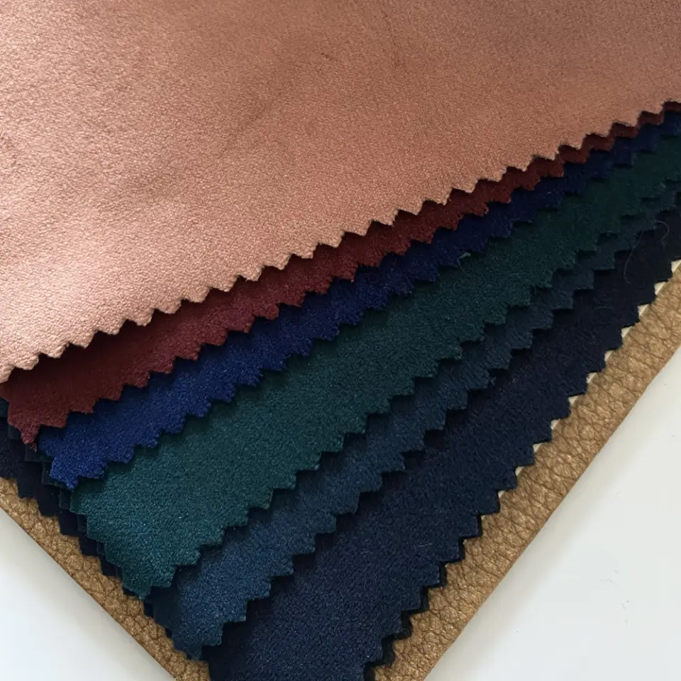 Colorful fabric swatches in pink, red, blue, green, navy, and tan shades with zigzag edges for textile selection.