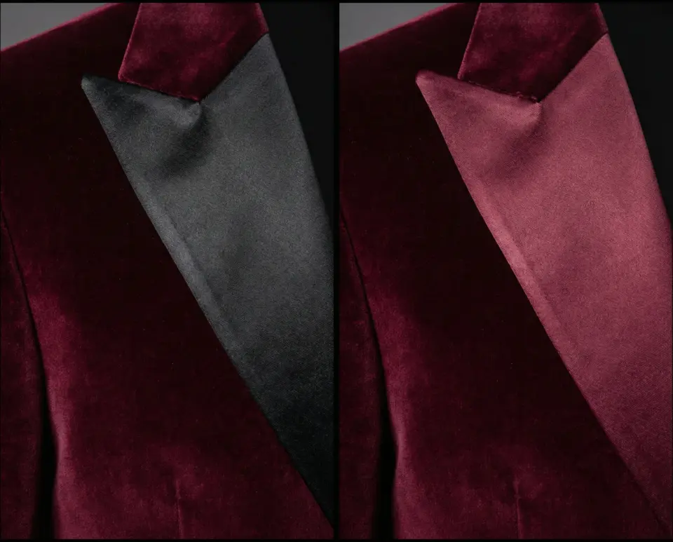 Burgundy velvet tuxedo jacket with contrasting black and matching burgundy satin lapels, elegant formal wear.