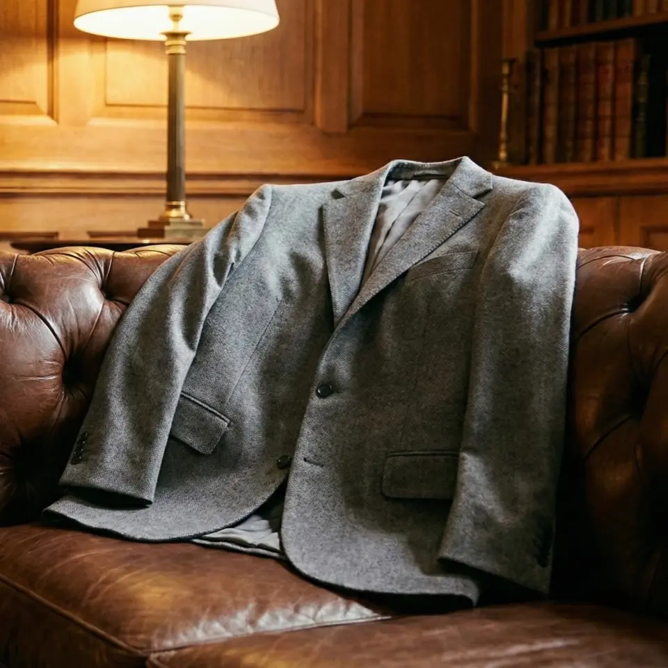 Gray suit jacket draped over a leather couch in a cozy, warmly lit room.