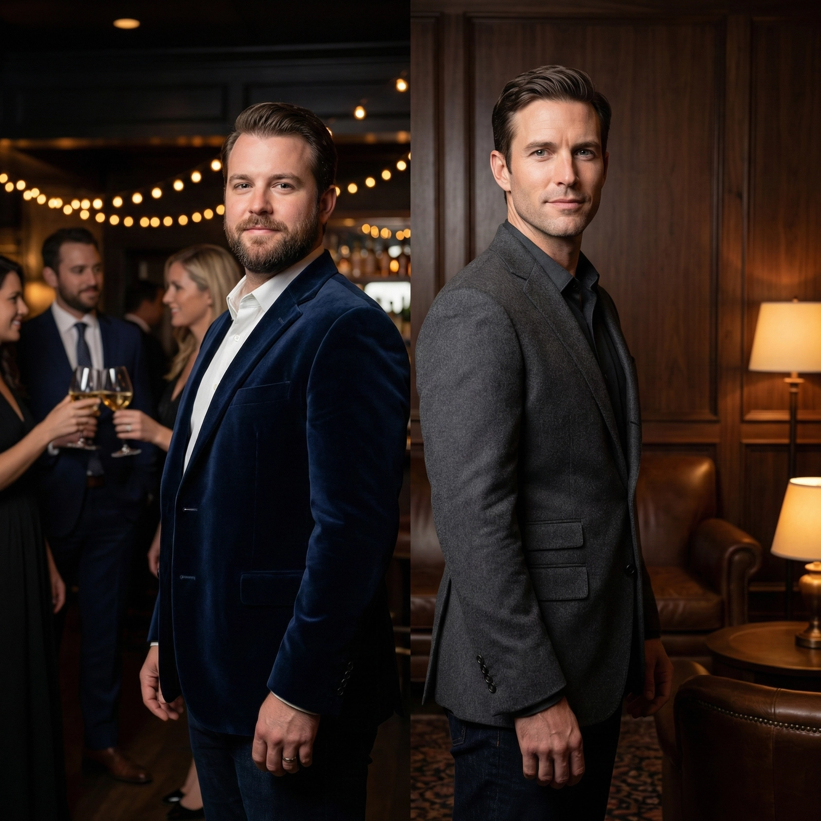 Two men in stylish suits at an elegant indoor gathering with warm lighting and attendees mingling.