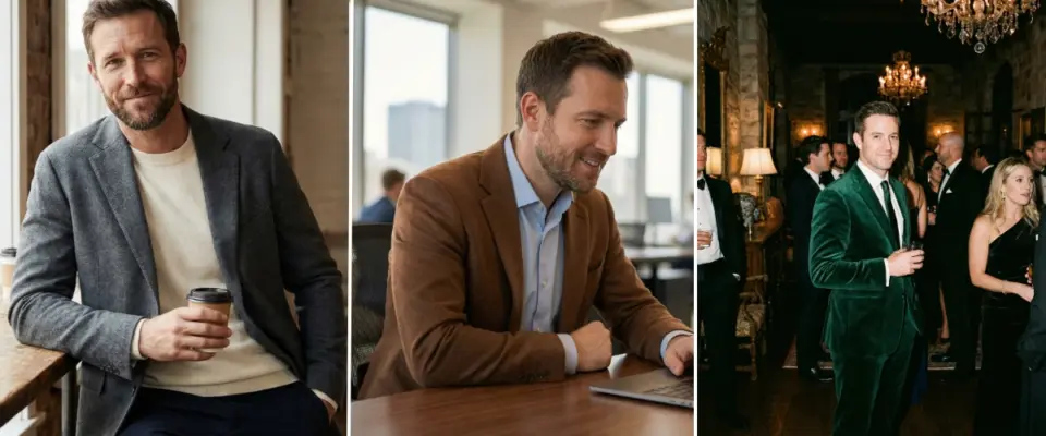 Professional man styled in winter fabrics across different settings: casual coffee moments, desk work, and formal evening events.