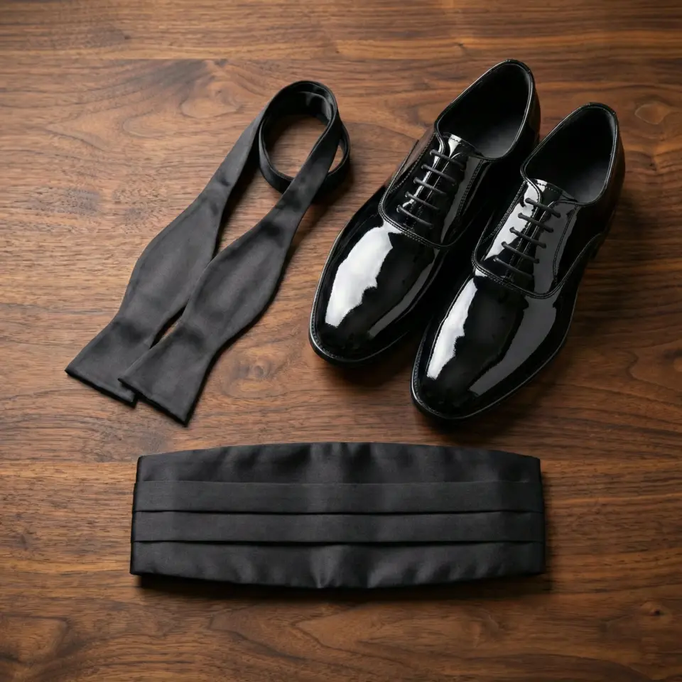 Black tuxedo shoes, untied bow tie, and cummerbund on wooden table, perfect for formal attire styling.