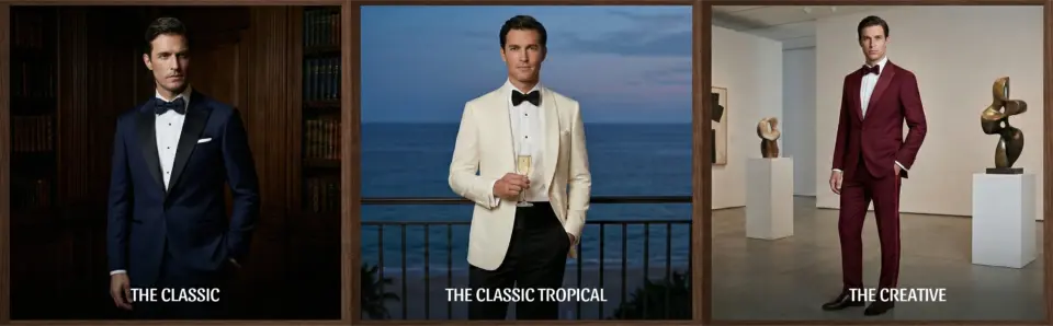 Three men in elegant suits: navy, white tuxedo, and burgundy. Styles captioned as Classic, Classic Tropical, Creative.