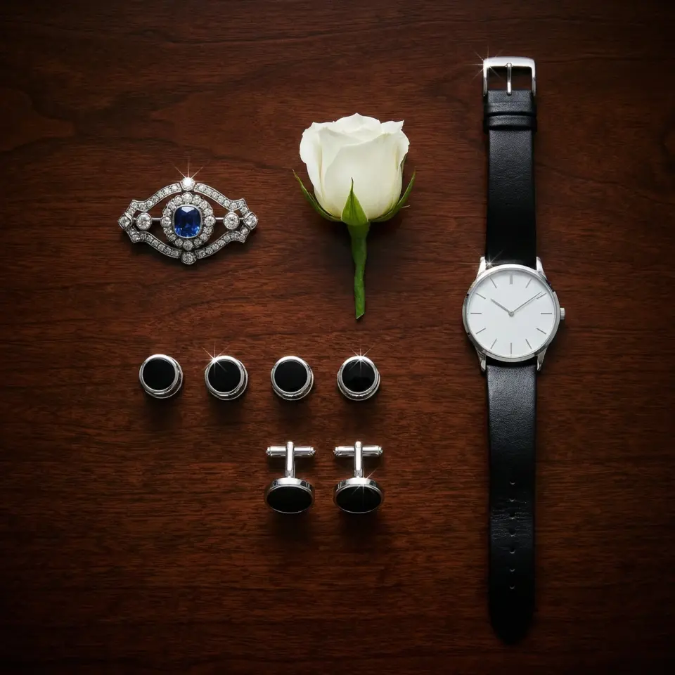 Elegant watch, white rose, sapphire brooch, and cufflinks on wooden surface for men's formal attire.