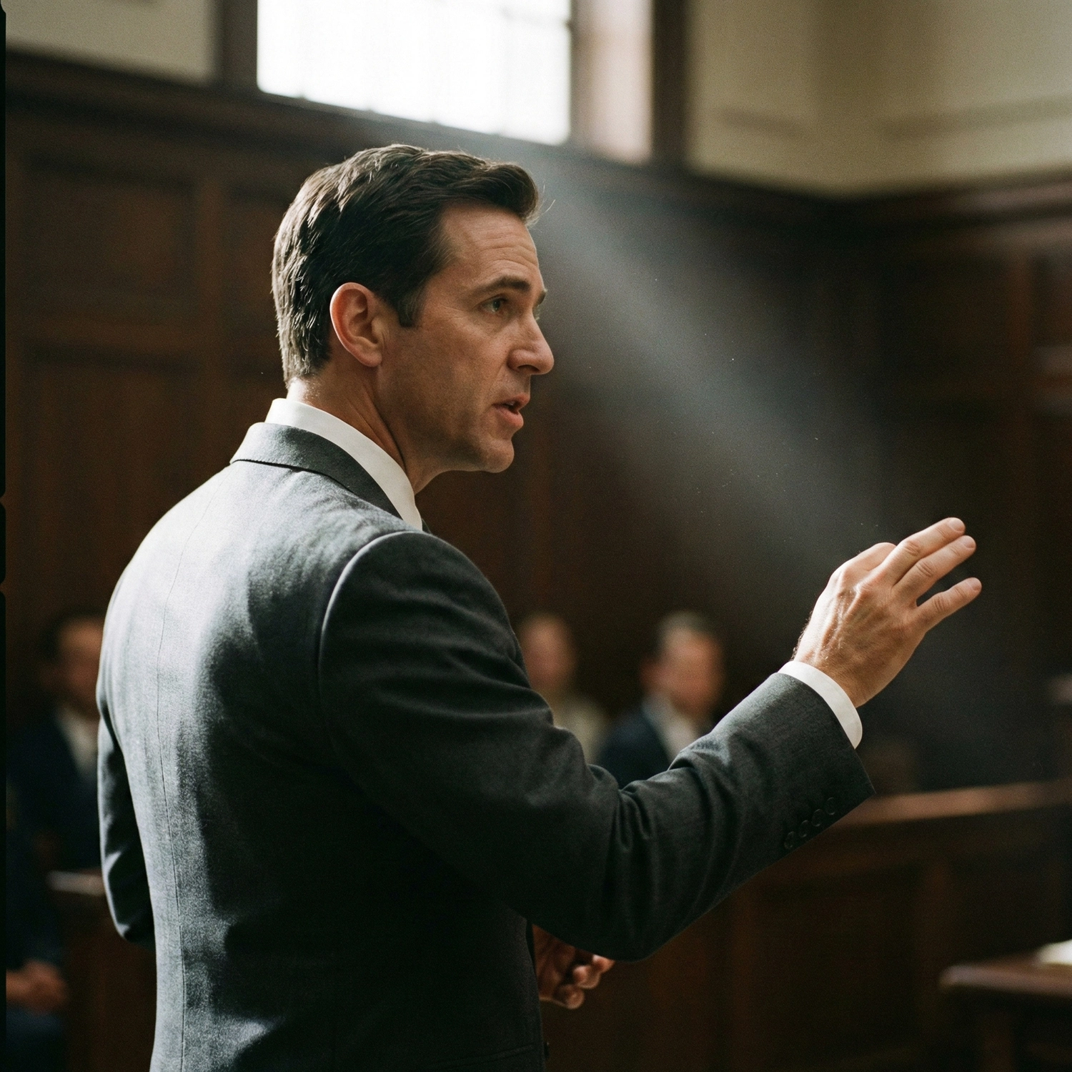 A professional lawyer in a tailored grey suit speaking in a courtroom, exemplifying Bespoke Suits for Modern Lawyers.