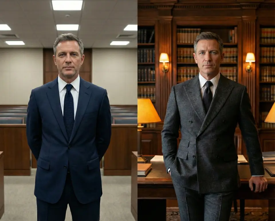 Man in suit standing confidently in courtroom and office library settings, showcasing professionalism and authority.