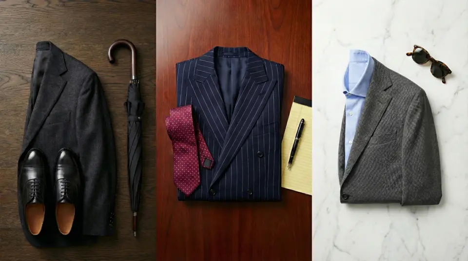 Men's formal wear essentials: suits, shoes, tie, umbrella, notepad, and sunglasses on wooden and marble surfaces.