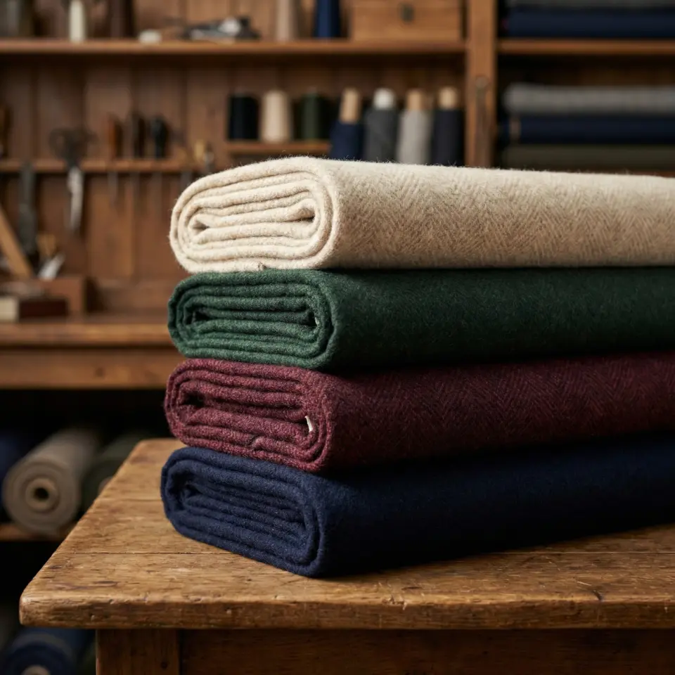Stack of folded wool fabrics in cream, green, burgundy, and navy on a wooden table in a cozy workshop setting.