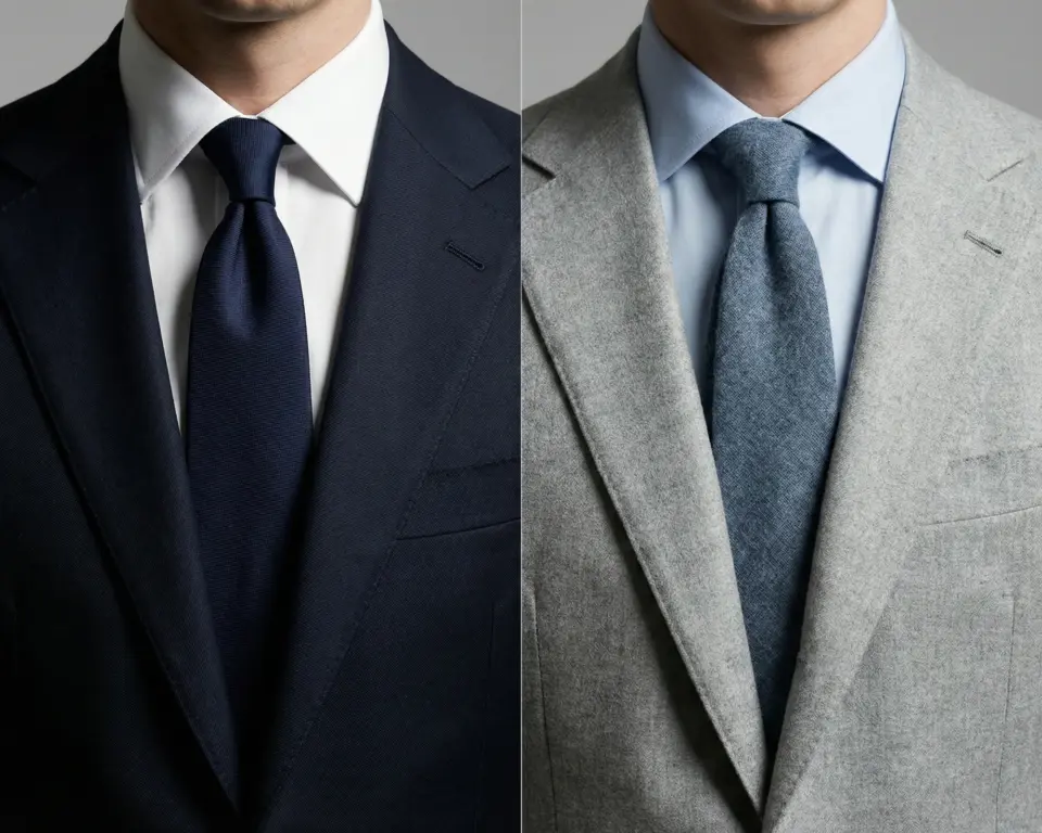 Two business suits: Left in navy with white shirt and dark tie, right in gray with light blue shirt and gray tie.