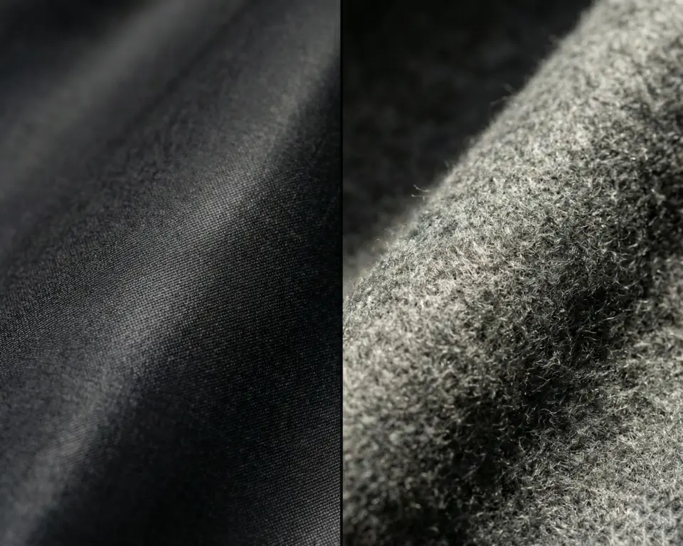 Close-up of smooth black fabric next to a textured gray woolen textile, showcasing contrasting textures.