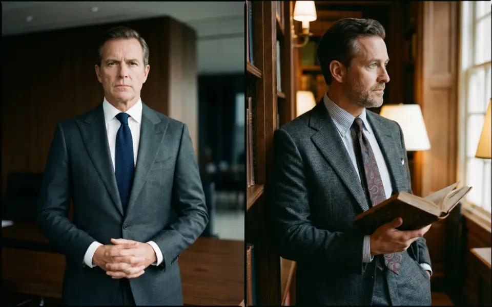 Two men in business suits: one standing confidently in an office, the other reading a book in a library.