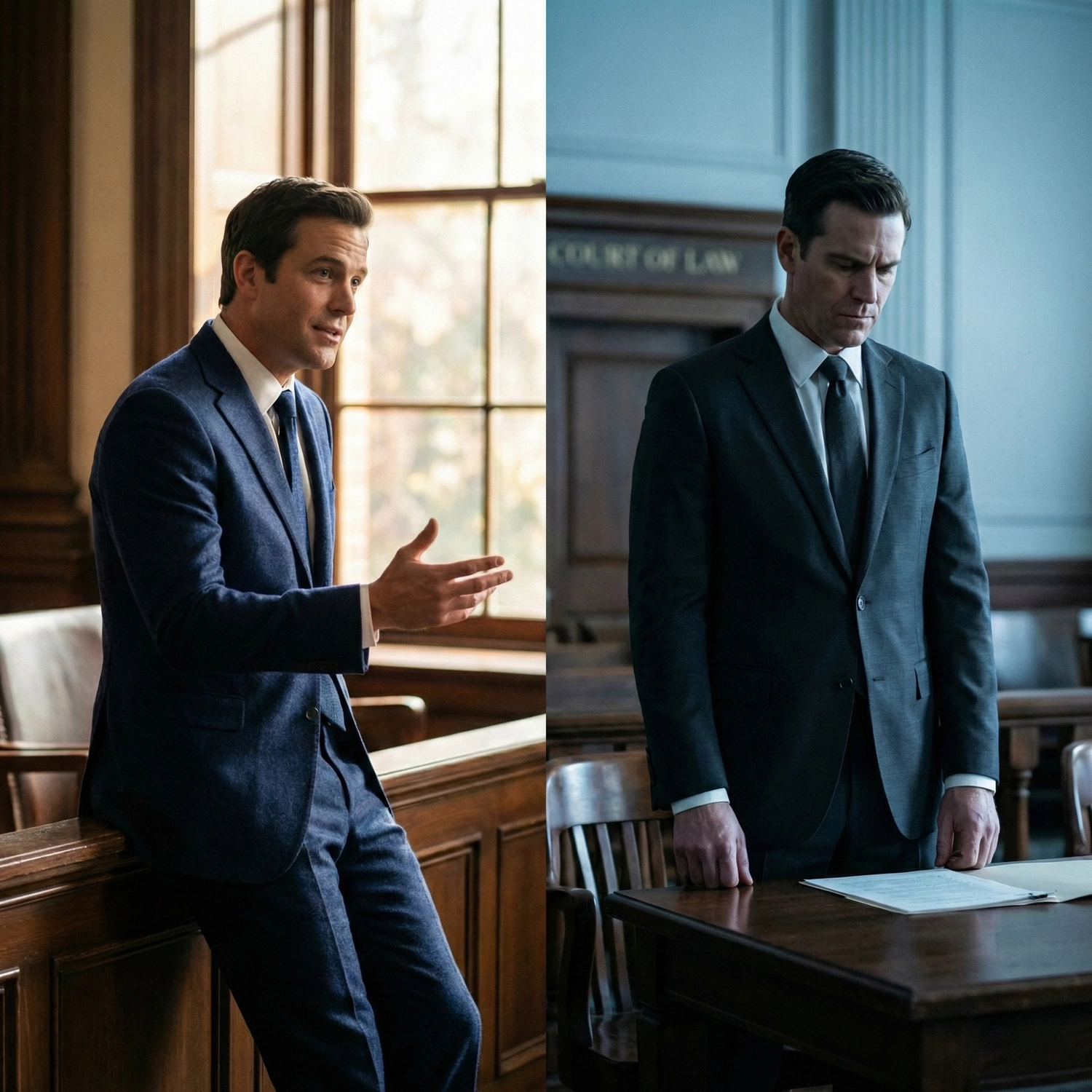 A side-by-side comparison of two lawyers in a courtroom setting, illustrating the visual differences of a Navy vs Charcoal suit.
