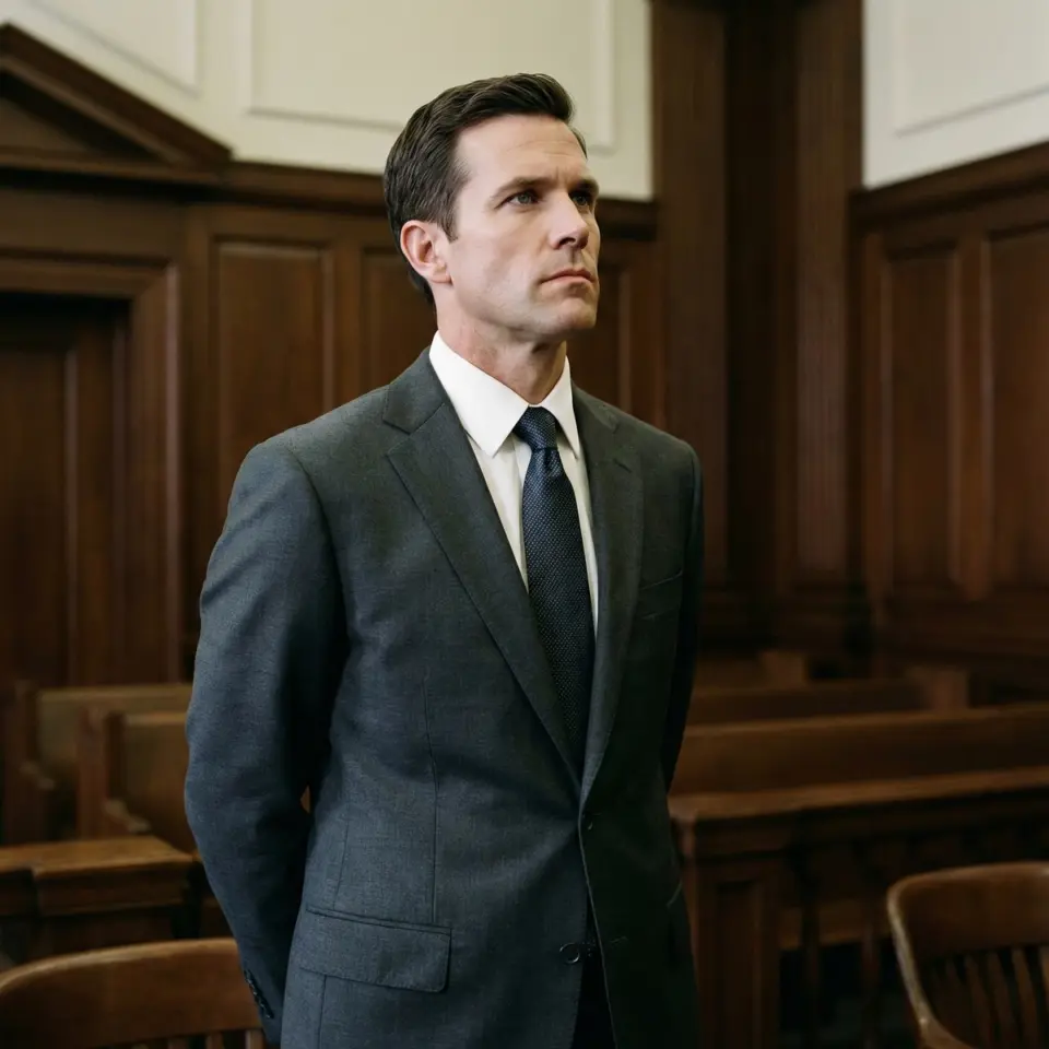 Man in a suit stands confidently in a courtroom, conveying authority and professionalism.