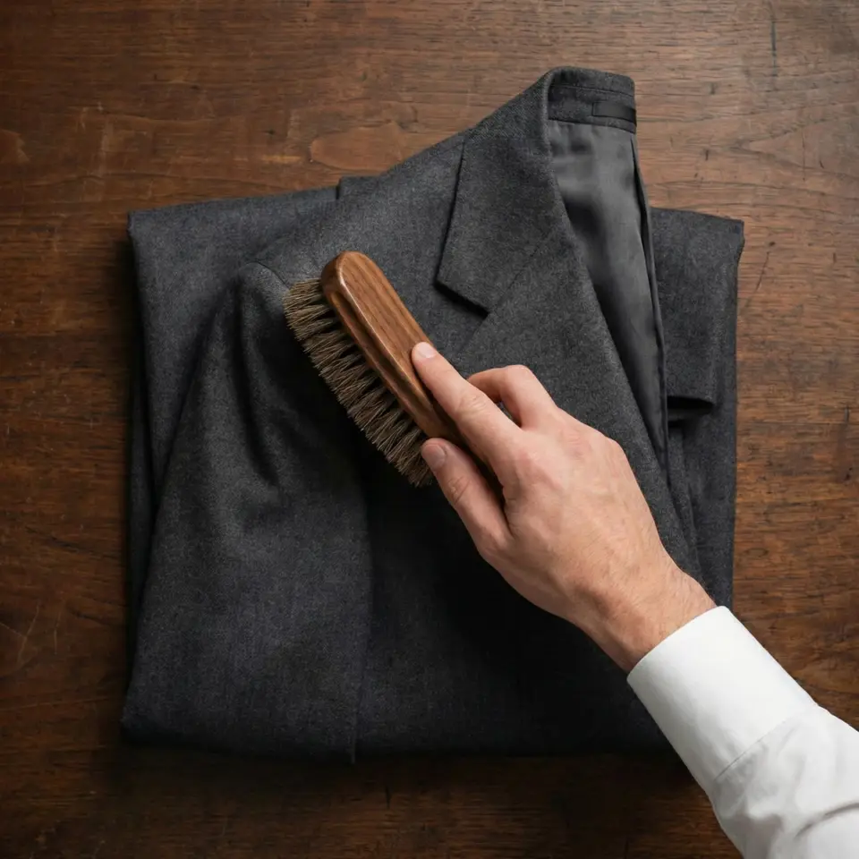 Hand brushing a folded dark gray suit jacket on a wooden surface, showcasing effective fabric care.