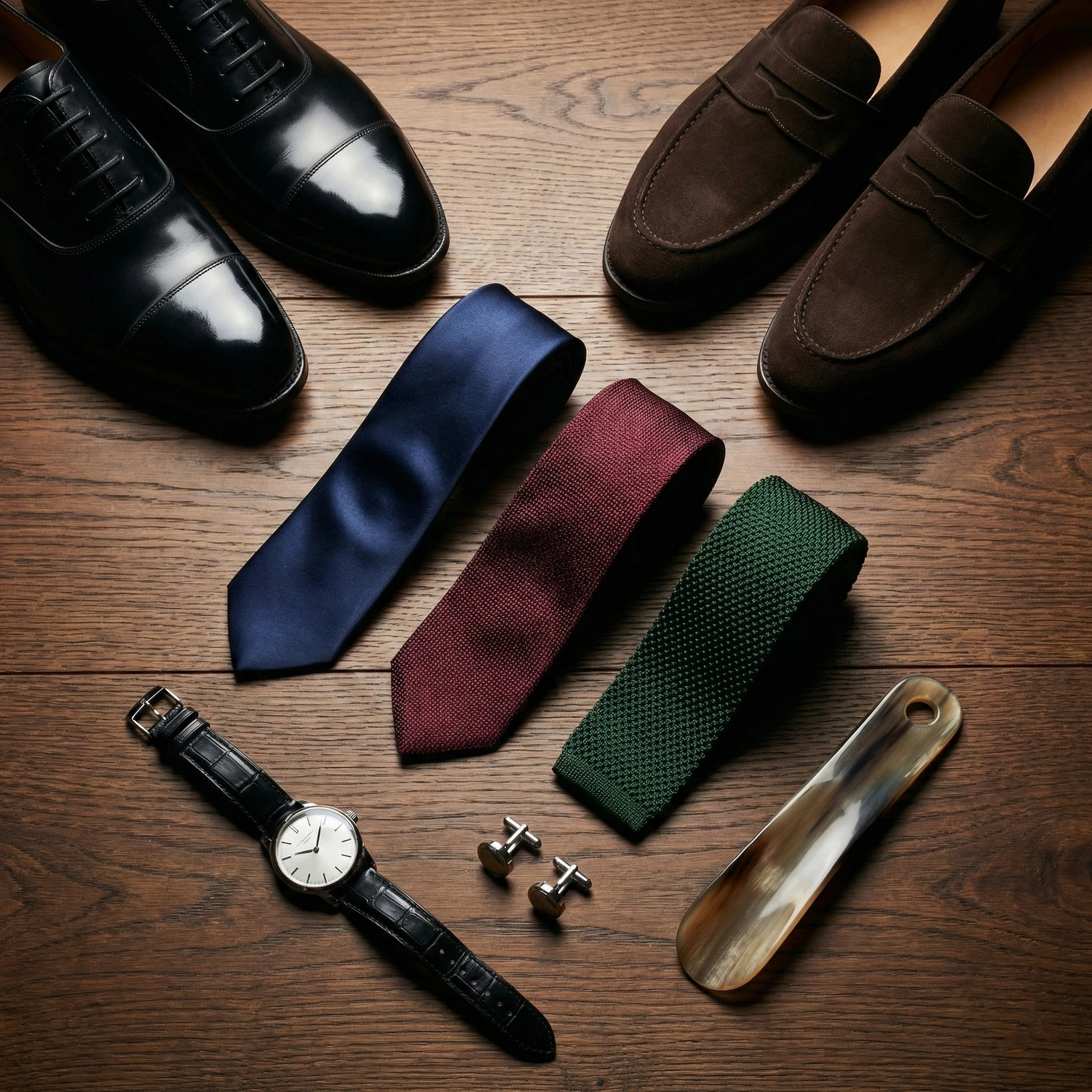 A curated flat lay of men's shoes and accessories, featuring polished black leather oxfords, brown suede loafers, and a trio of silk, grenadine, and knit ties.