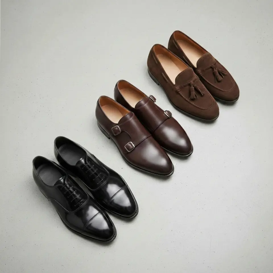 Men's formal shoes collection: black Oxfords, brown double monks, and loafers on a neutral background.