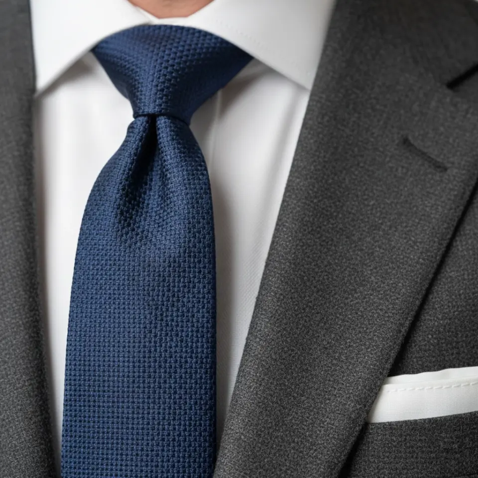Close-up of gray suit with blue textured tie and white shirt, highlighting professional men's fashion.