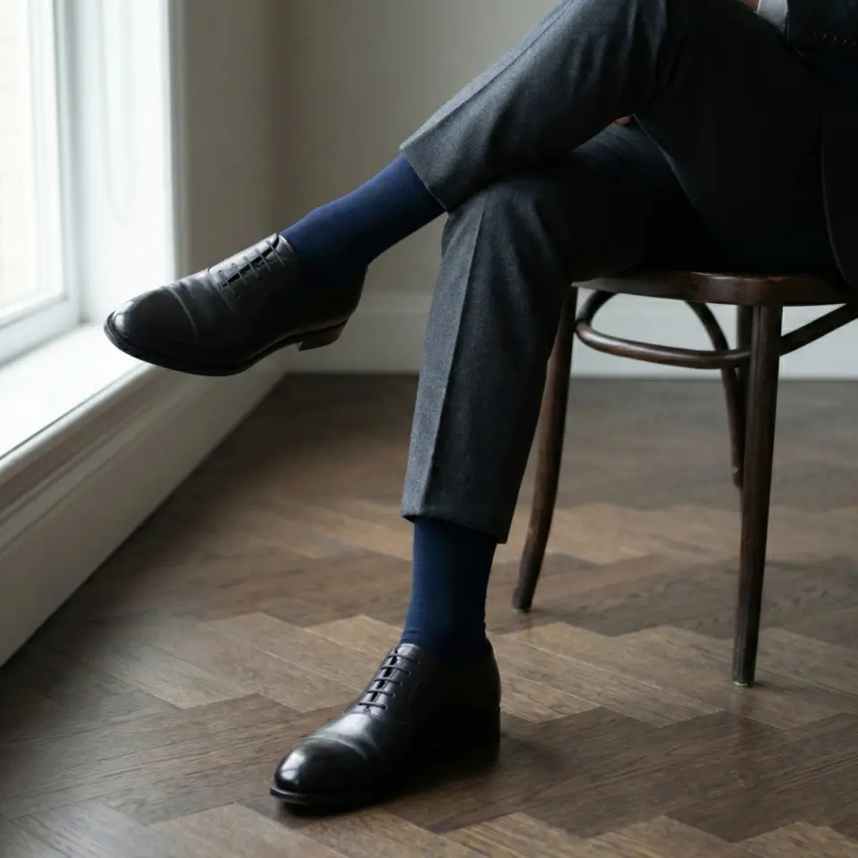 Elegant leather shoes paired with blue socks and gray trousers on wooden floor.