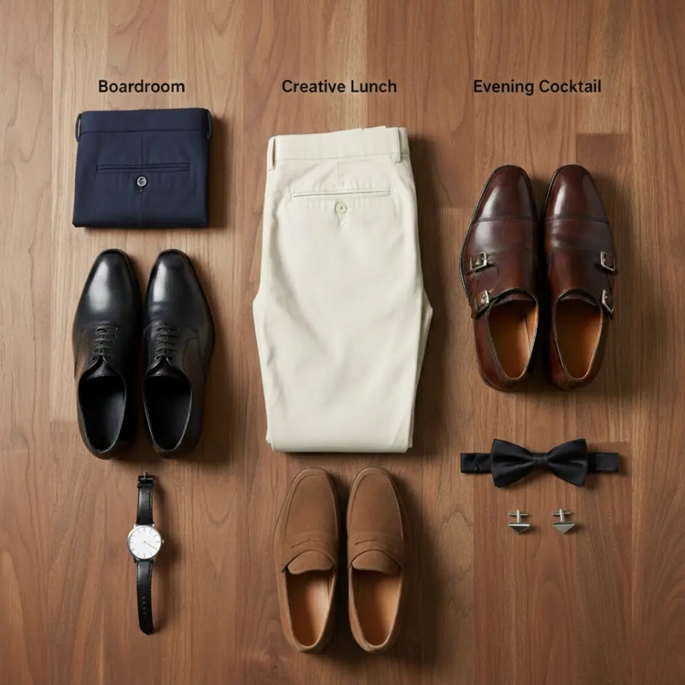 Men's fashion flatlay with shoes, shirts, pants, and accessories for boardroom, lunch, and cocktails on wooden background.