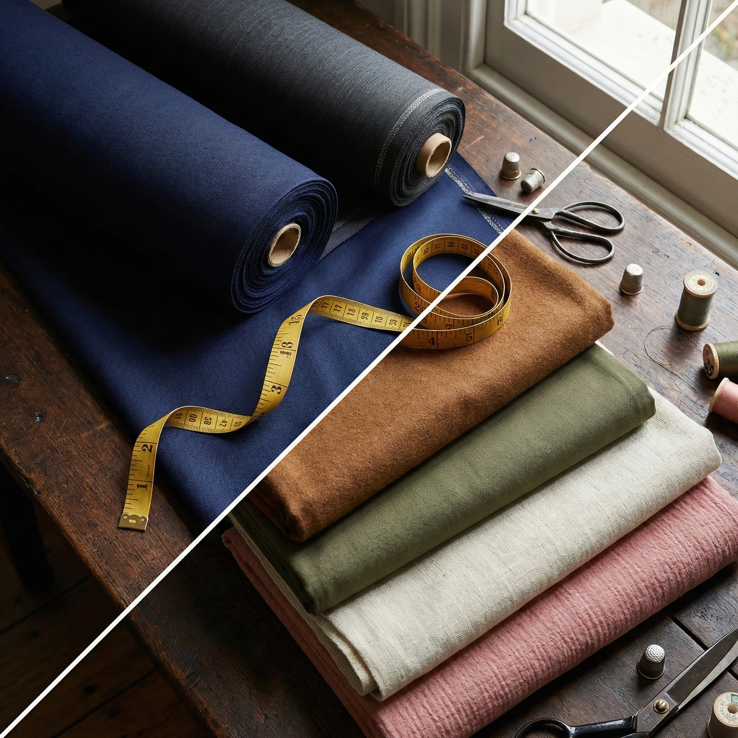 A stack of tailoring fabrics in earth tones and pastels like brown, olive, and cream, next to blue and grey rolls on a wooden table.