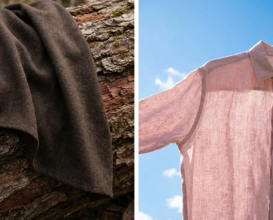 Cozy brown wool fabric on wood, airy pink linen shirt against blue sky. Warm and breezy textile contrast.