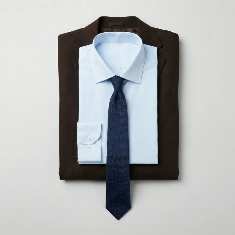 Blue dress shirt with navy tie on brown blazer, neatly folded for a formal look.