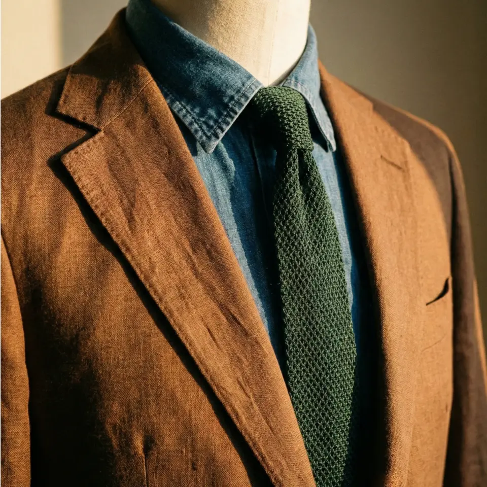 Brown blazer with a blue denim shirt and green tie, perfect for a stylish and modern look.