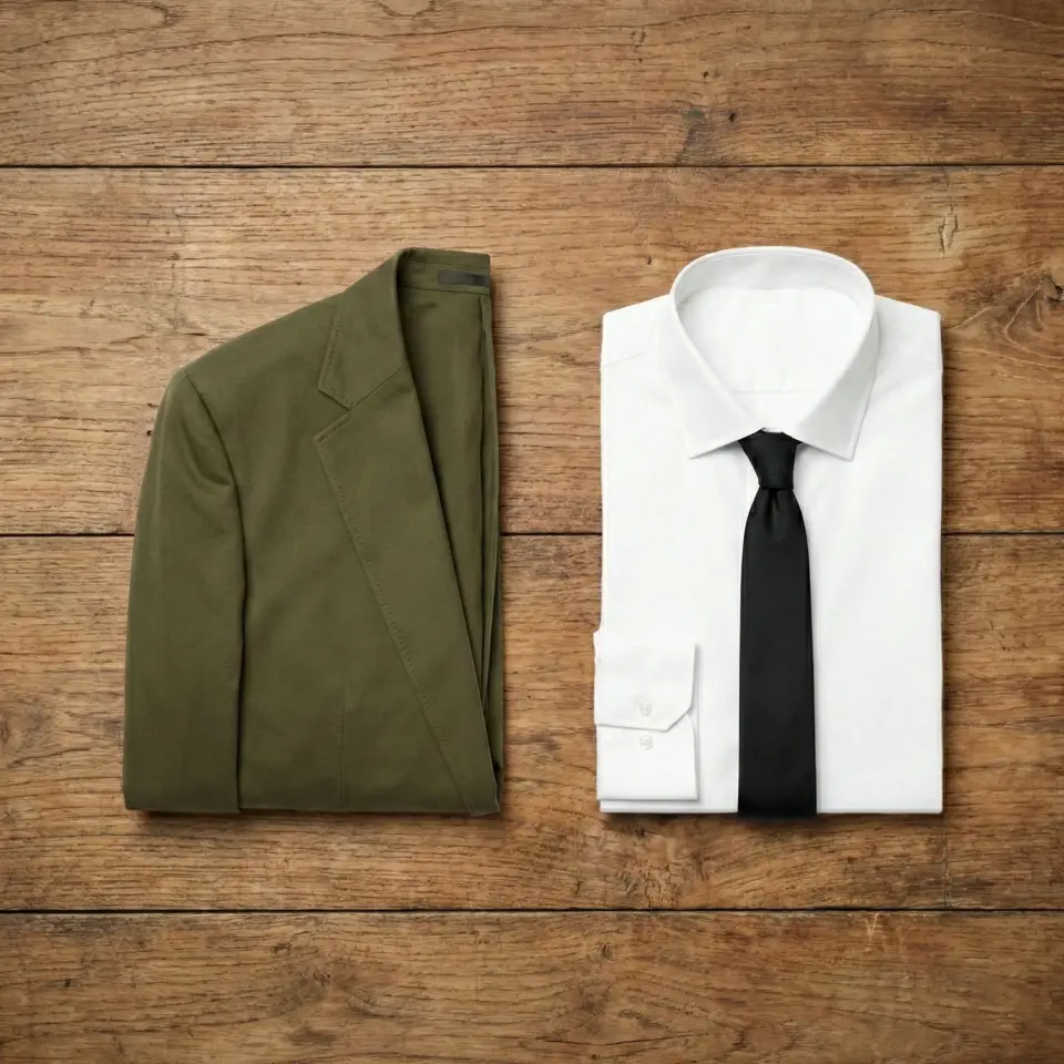 Olive blazer and white shirt with black tie on wooden surface for a stylish, modern look.