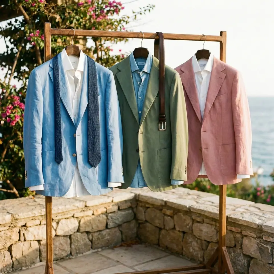 Three colorful suits on hangers: blue with tie, green with belt, pink, outdoor summer setting.