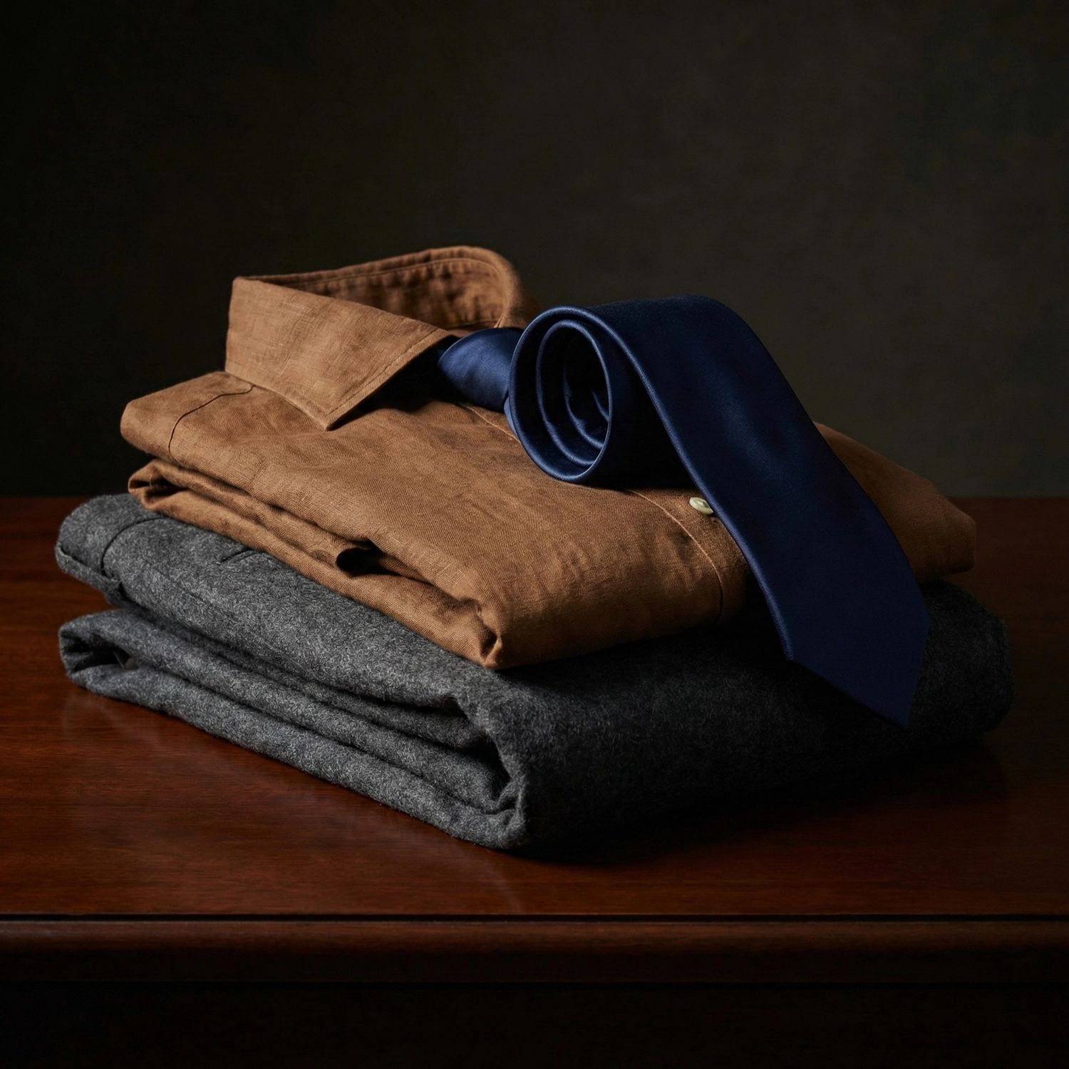 Stack of folded brown and gray shirts with a rolled navy tie on top, placed on a dark wooden surface.