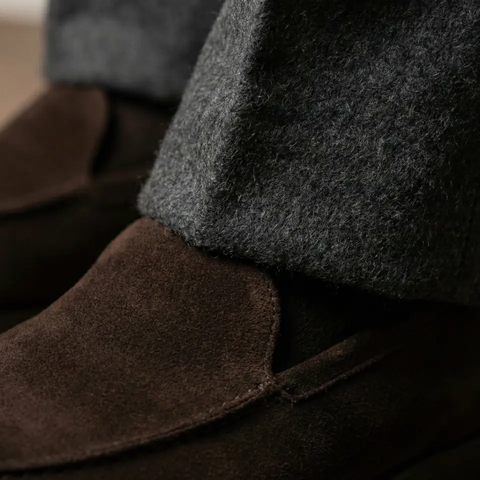Close-up of brown suede shoes paired with gray wool pants for a stylish, cozy look.