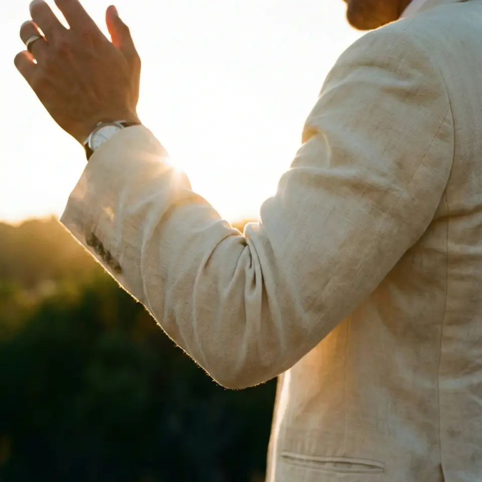 Man in beige suit with wristwatch, hand raised against sunset, outdoors.